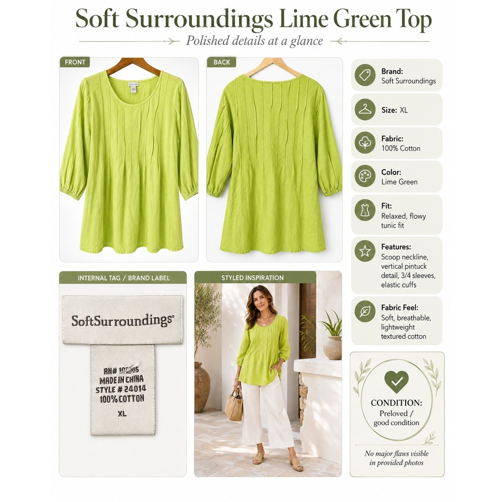 Soft Surroundings Tunic Women XL Lime Green Excellent Pintuck Cotton 24014 - Picture 7 of 13